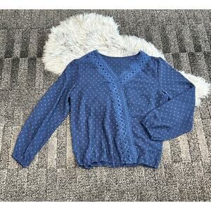 Boutique Blue Swiss Polka Dot Lace Trim Chiffon‎ Faux Wrap Blouse Plus Size 2XL